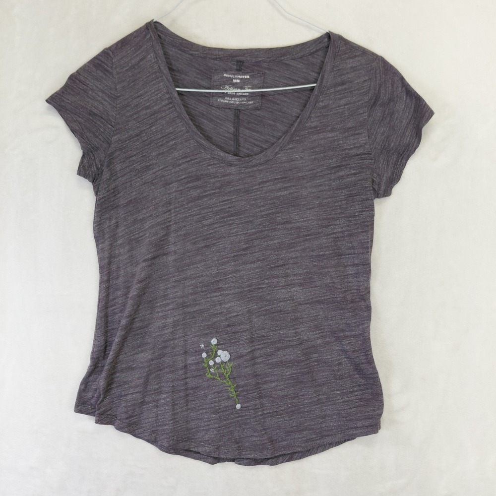 Denver Hayes Artisan Tee Womens Medium Grey Slub Floral Embroidered Scoop Neck